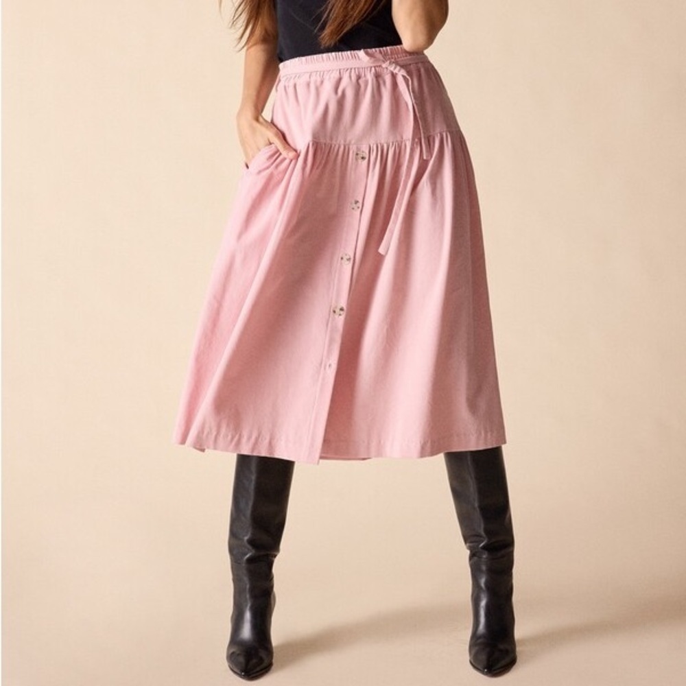 St. Roche NWT Kia Skirt in Pink Corduroy Button Front, Pockets Women's Small